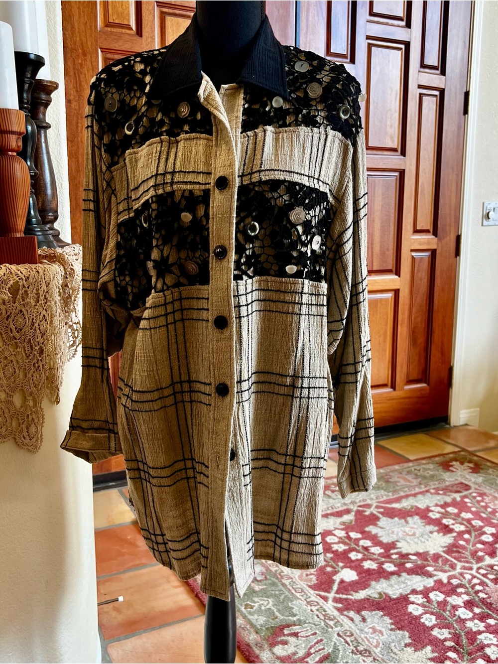 Beige and Black Embellished Button-Down Shirt Jacket